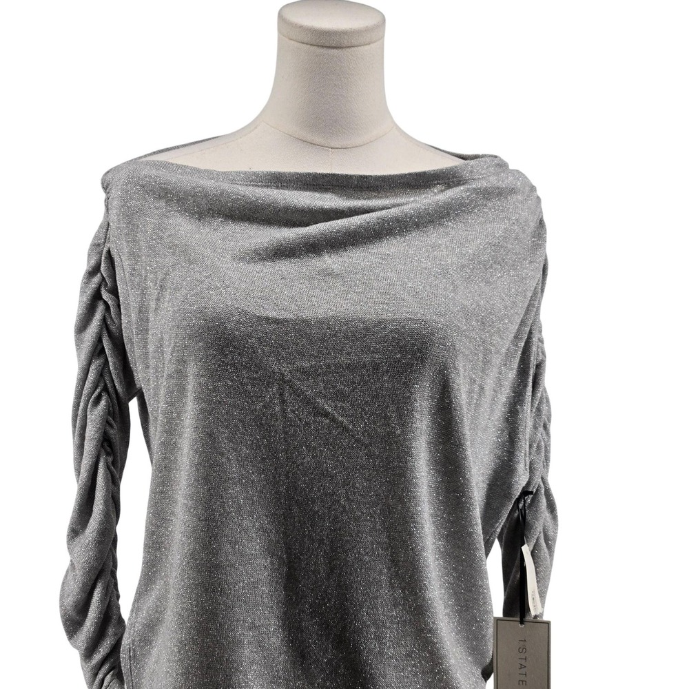 1STATE‎ Blouse Womens XXS Silver Boat Neck Long Sleeve Knit Lightweight Stretch